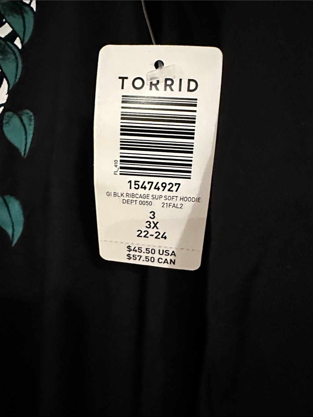 torrid Super soft Black Hooded Tunic White Ribcage & Teal Vine Print size 3x - Picture 2 of 5